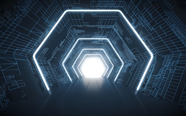 Túnel y neón con fondo azul renderizado en 3D