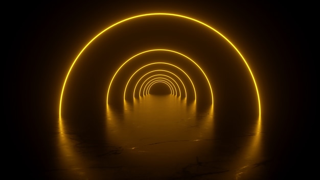 Túnel de neón en reflejos amarillos en el piso 3d renderin