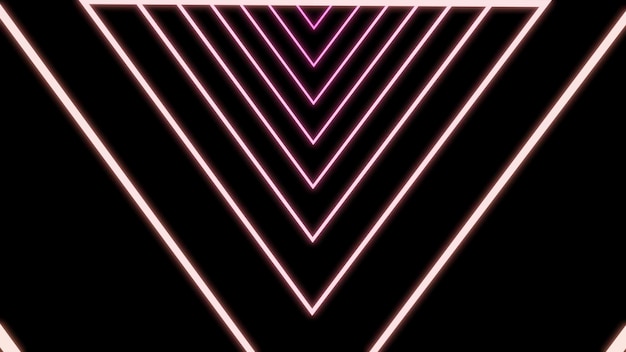 Túnel de neón triangular sobre fondo negro, diseño en movimiento, túnel vertiginoso de líneas triangulares de neón
