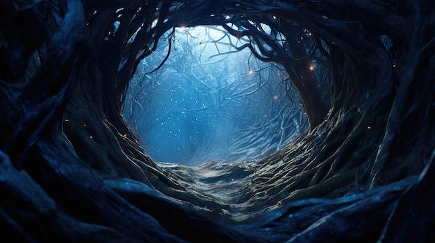 Un túnel oscuro con un árbol en el medio.