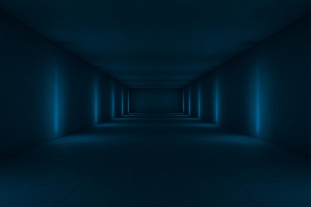 Túnel oscuro azul con luces a un lado renderizado 3d