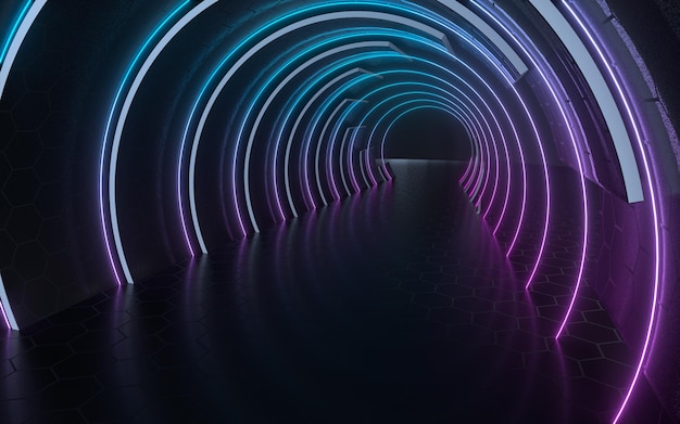 Túnel oscuro con líneas brillantes de neón renderización 3D