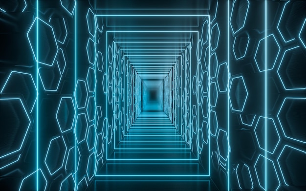 Túnel oscuro con líneas de neón brillantes renderizado 3d