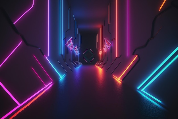 Un túnel oscuro con luces de neón y un fondo rosa y azul.