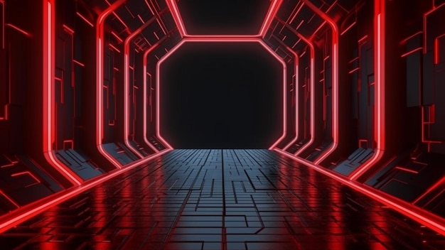 Un túnel oscuro con luces rojas y un túnel.