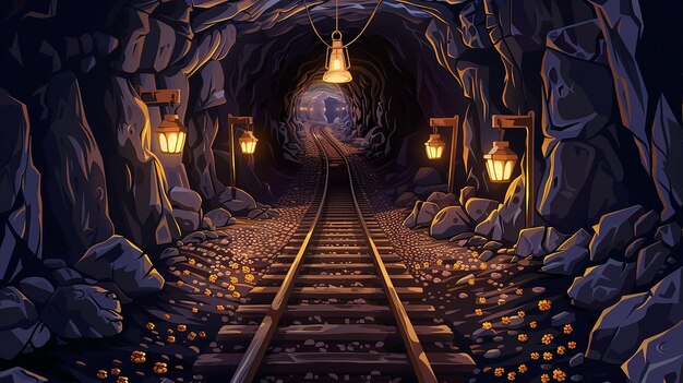 un túnel oscuro con luces y un tren que lo atraviesa