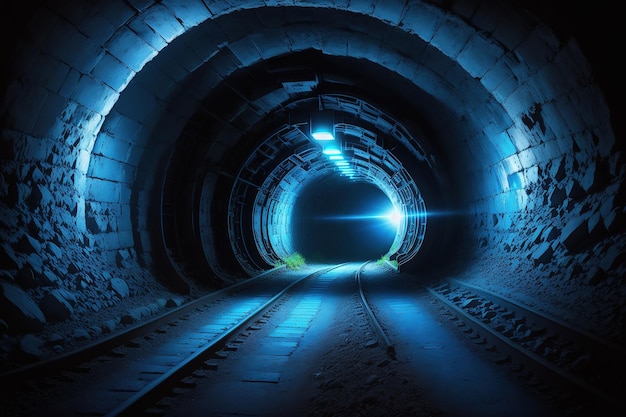 Un túnel oscuro con una luz azul en el fondo.