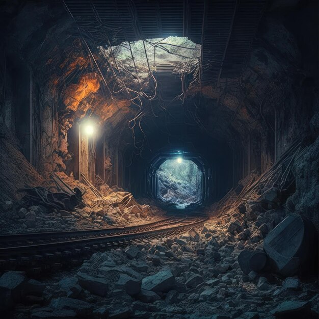 Un túnel oscuro en una mina abandonada con viejas vías ferroviarias oxidadas c