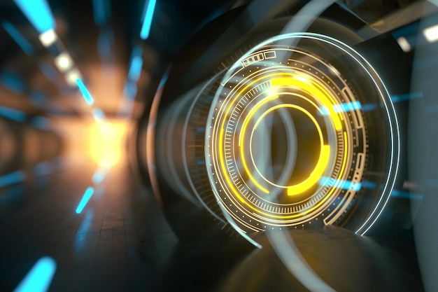 Túnel oscuro con renderizado 3d de elementos HUD brillantes