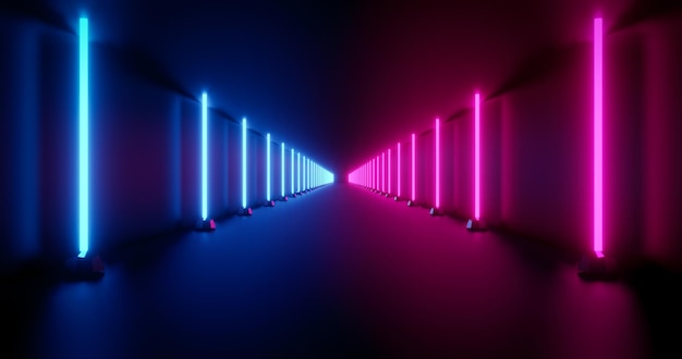 Túnel oscuro de renderizado 3d con fila de luz de neón azul y rosa