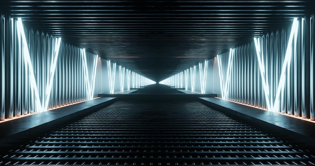 Túnel oscuro de renderizado 3D con fondo de luz de neón azul claro