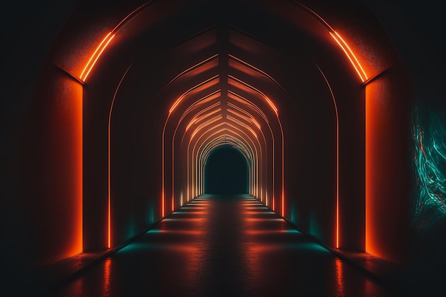 Túnel oscuro vacío iluminado por luces de tubo de neón.