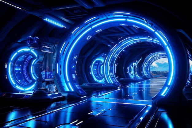 Túnel ou corredor estilo metal e estrutura de ferro com luz neon futurista