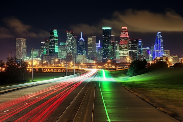 Foto el túnel de paso elevado hacia el horizonte del centro de la ciudad de houston, texas