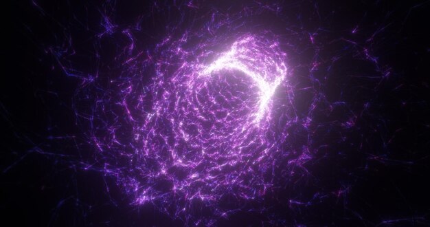 Túnel púrpura abstracto que se arremolina a partir de líneas y partículas de triángulos que brillan intensamente de alta tecnología futurista
