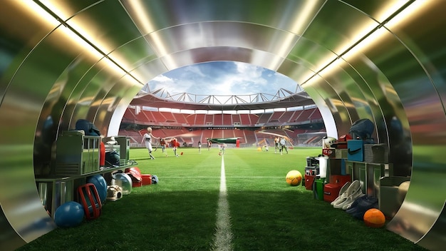 Túnel de renderización 3D en el estadio con campo verde