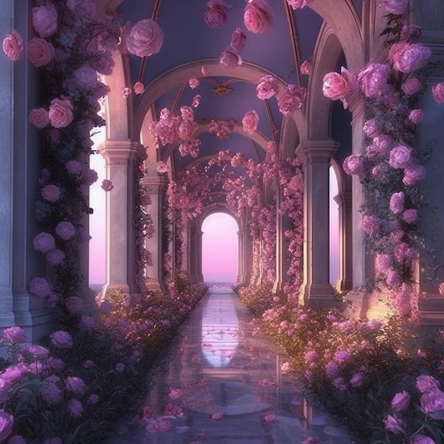 Un túnel de rosas con un fondo rosa.