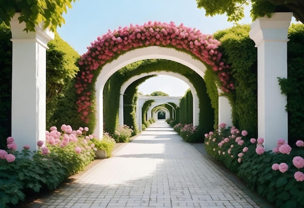 Un túnel de rosas rosas con un borde blanco y una pasarela que dice