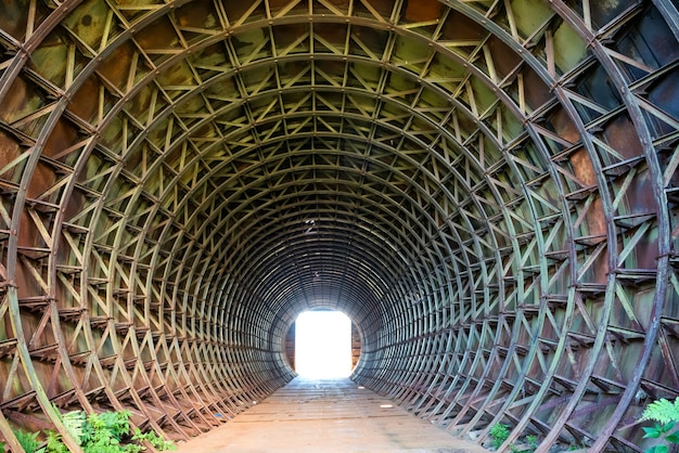 Túnel rústico oscuro y luz al final del mismo.