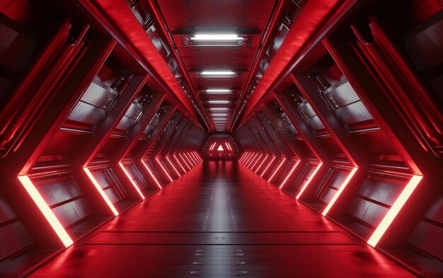 Túnel Sci Fi en la nave espacial alienígena Corredor de metal brillante con neón cinematográfico y luces fluorescentes enfoque de detalles poco profundos Renderización 3D Espacio de construcción futurista para papel tapiz y fondo