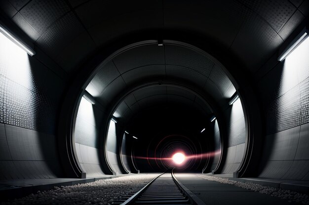 Foto el túnel subterráneo, largo y lejano, con luces en blanco y negro. escena de rodaje.