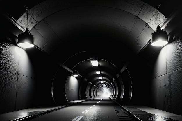 El túnel subterráneo, largo y lejano, con luces en blanco y negro. Escena de rodaje.