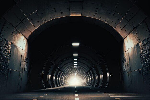 El túnel subterráneo, largo y lejano, con luces en blanco y negro. Escena de rodaje.