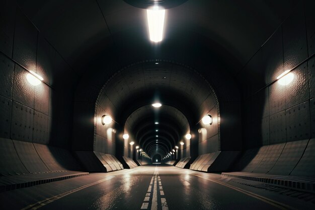 Foto el túnel subterráneo, largo y lejano, con luces en blanco y negro. escena de rodaje.