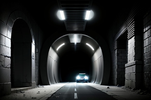 El túnel subterráneo, largo y lejano, con luces en blanco y negro. Escena de rodaje.