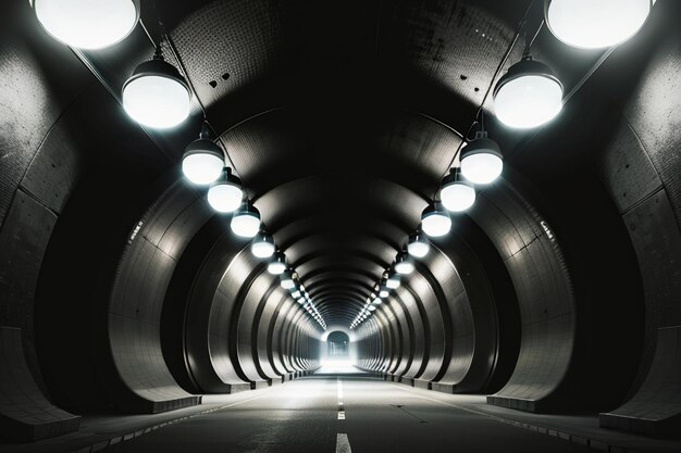 El túnel subterráneo, largo y lejano, con luces en blanco y negro. Escena de rodaje.