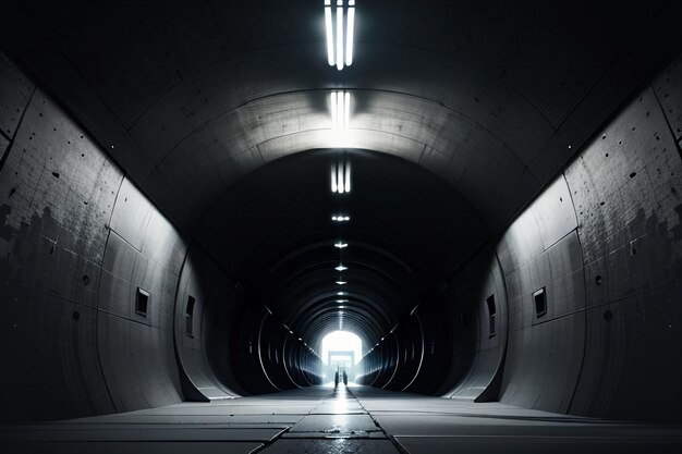 El túnel subterráneo, largo y lejano, con luces en blanco y negro. Escena de rodaje.