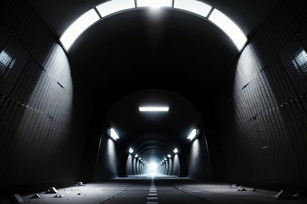 El túnel subterráneo, largo y lejano, con luces en blanco y negro. Escena de rodaje.