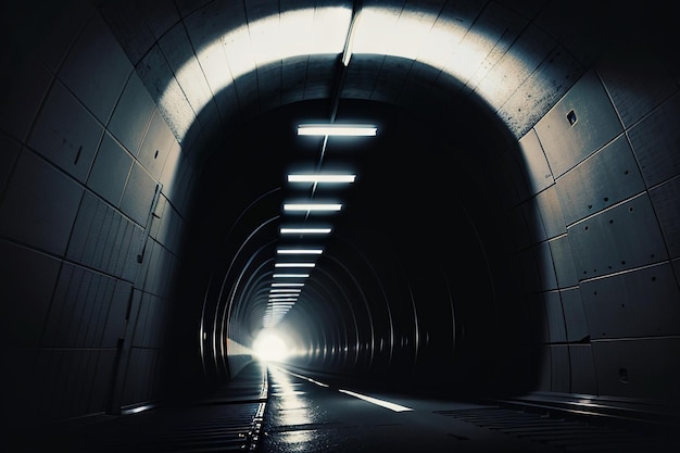 Foto el túnel subterráneo, largo y lejano, con luces en blanco y negro. escena de rodaje.