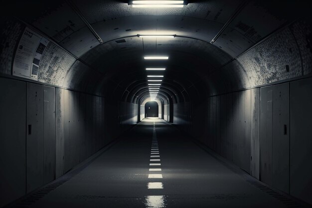 Foto el túnel subterráneo, largo y lejano, con luces en blanco y negro. escena de rodaje.