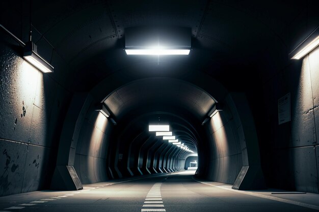 El túnel subterráneo, largo y lejano, con luces en blanco y negro. Escena de rodaje.