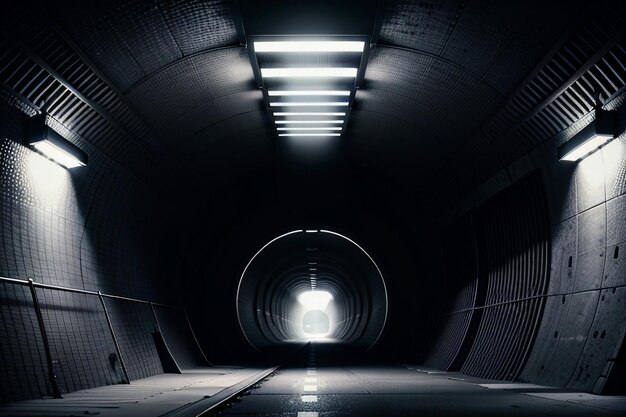 El túnel subterráneo, largo y lejano, con luces en blanco y negro. Escena de rodaje.