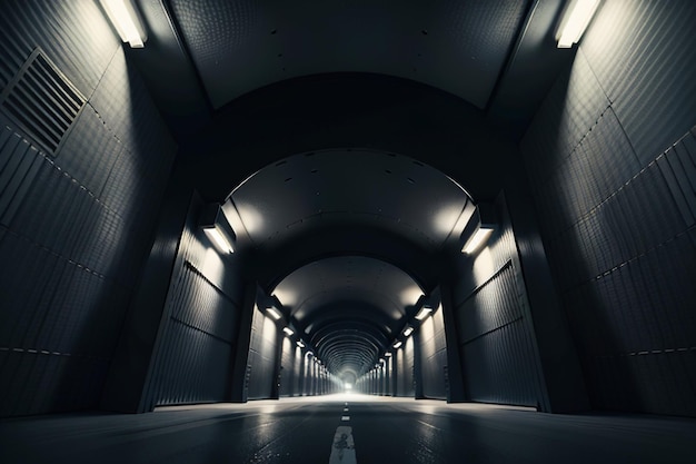 El túnel subterráneo, largo y lejano, con luces en blanco y negro. Escena de rodaje.