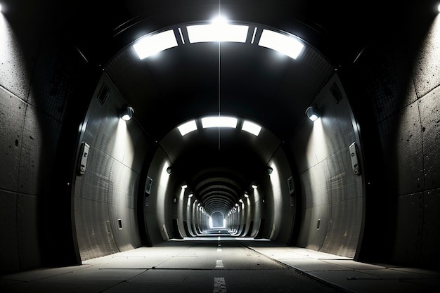 El túnel subterráneo, largo y lejano, con luces en blanco y negro. Escena de rodaje.