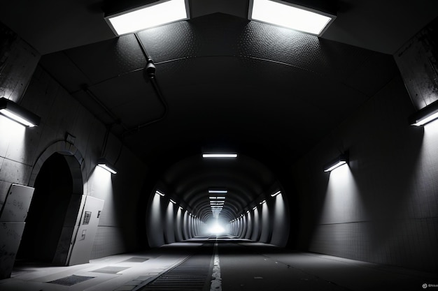 El túnel subterráneo, largo y lejano, con luces en blanco y negro. Escena de rodaje.