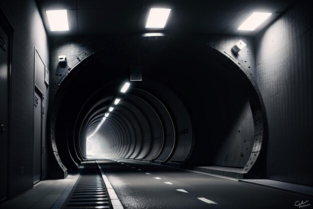 El túnel subterráneo, largo y lejano, con luces en blanco y negro. Escena de rodaje.