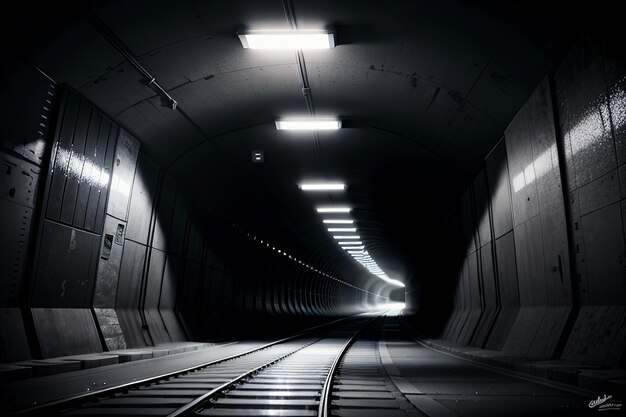 El túnel subterráneo, largo y lejano, con luces en blanco y negro. Escena de rodaje.