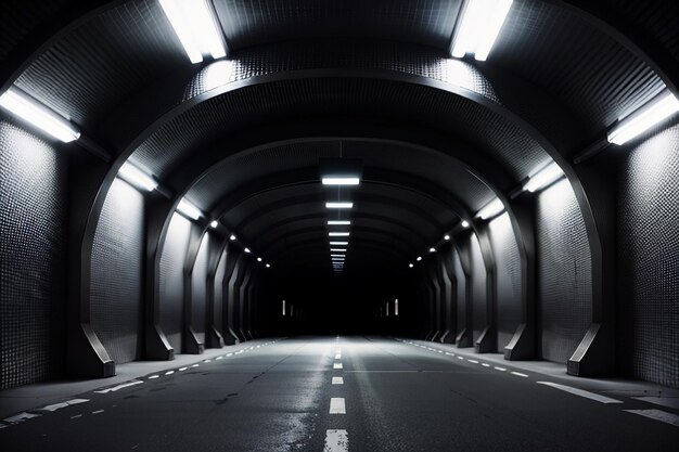 El túnel subterráneo, largo y lejano, con luces en blanco y negro. Escena de rodaje.