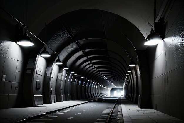 El túnel subterráneo, largo y lejano, con luces en blanco y negro. Escena de rodaje.