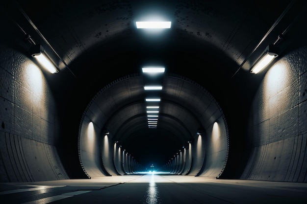 El túnel subterráneo, largo y lejano, con luces en blanco y negro. Escena de rodaje.