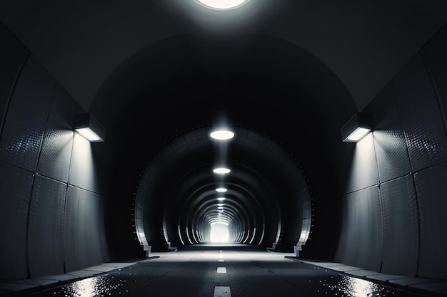 El túnel subterráneo, largo y lejano, con luces en blanco y negro. Escena de rodaje.