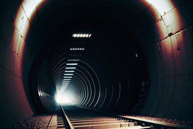 El túnel subterráneo, largo y lejano, con luces en blanco y negro. Escena de rodaje.