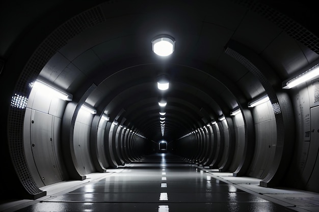 Foto el túnel subterráneo, largo y lejano, con luces en blanco y negro. escena de rodaje.