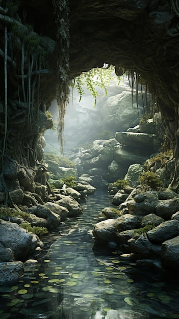 Túnel subterráneo con vegetación árboles río y agua vegetación flora