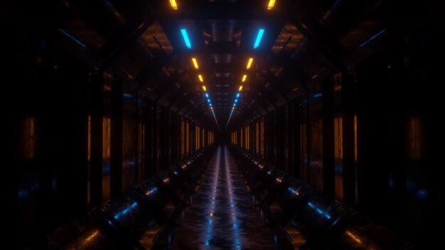 Túnel con tecnología de luces de neón corredor futurista del futuro renderizado 3D