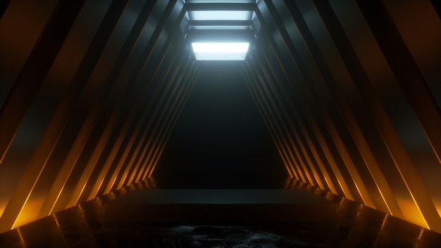 Túnel tecnológico com suporte de pódio com renderização 3D de brilho quente e frio